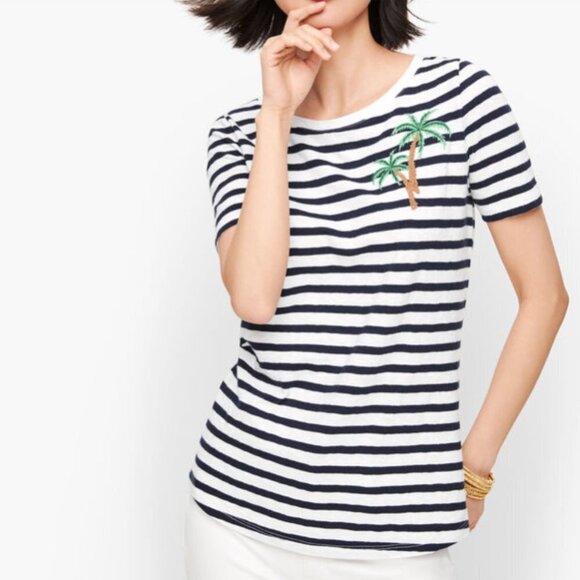 Talbots Women's Cotton Palm Stripe Tee - M - Picture 1 of 6